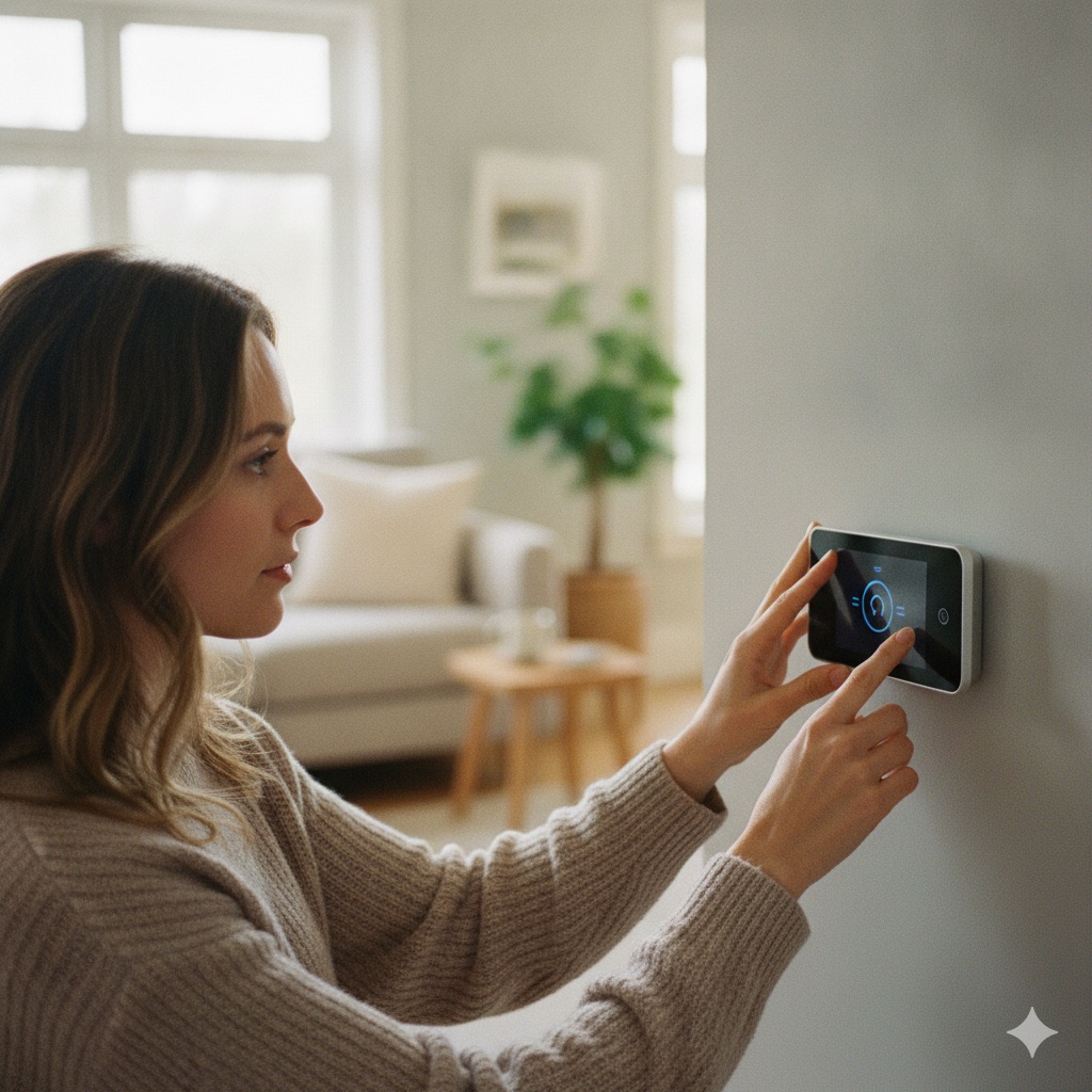 A new programmable thermostat on the wall of a New Jersey home after a system replacement