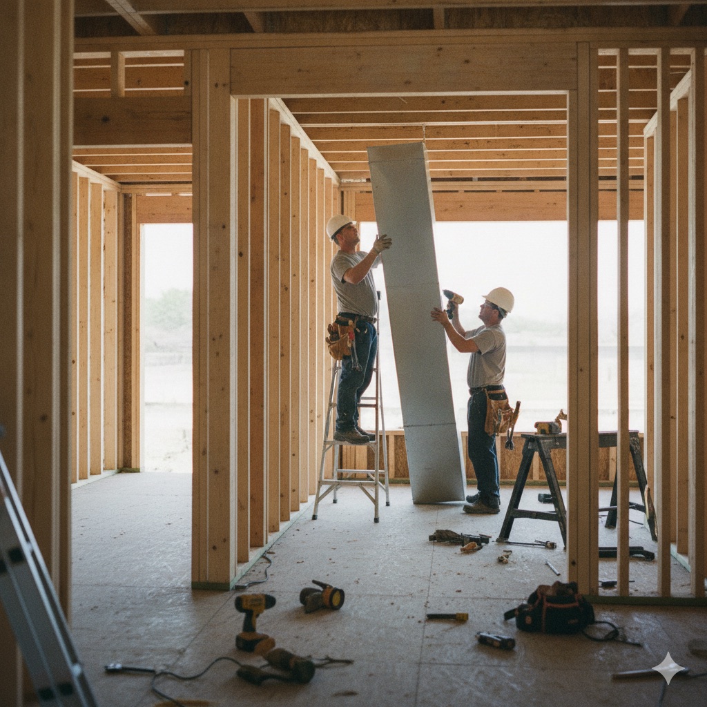 Two Bel Air Systems installers running sheet-metal ductwork inside the wood framing of a new New Jersey home under construction