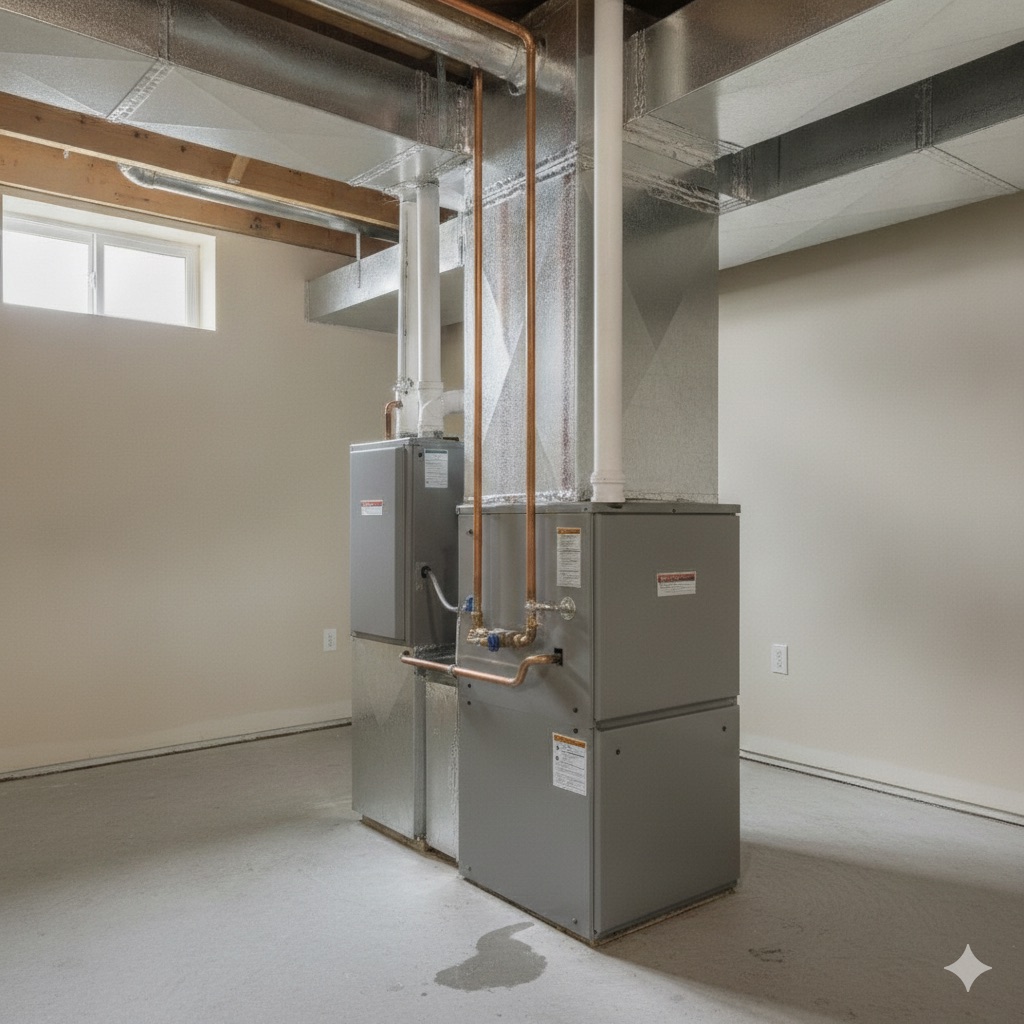 A new high-efficiency gas furnace and air handler freshly installed in a clean New Jersey basement with neat copper line sets