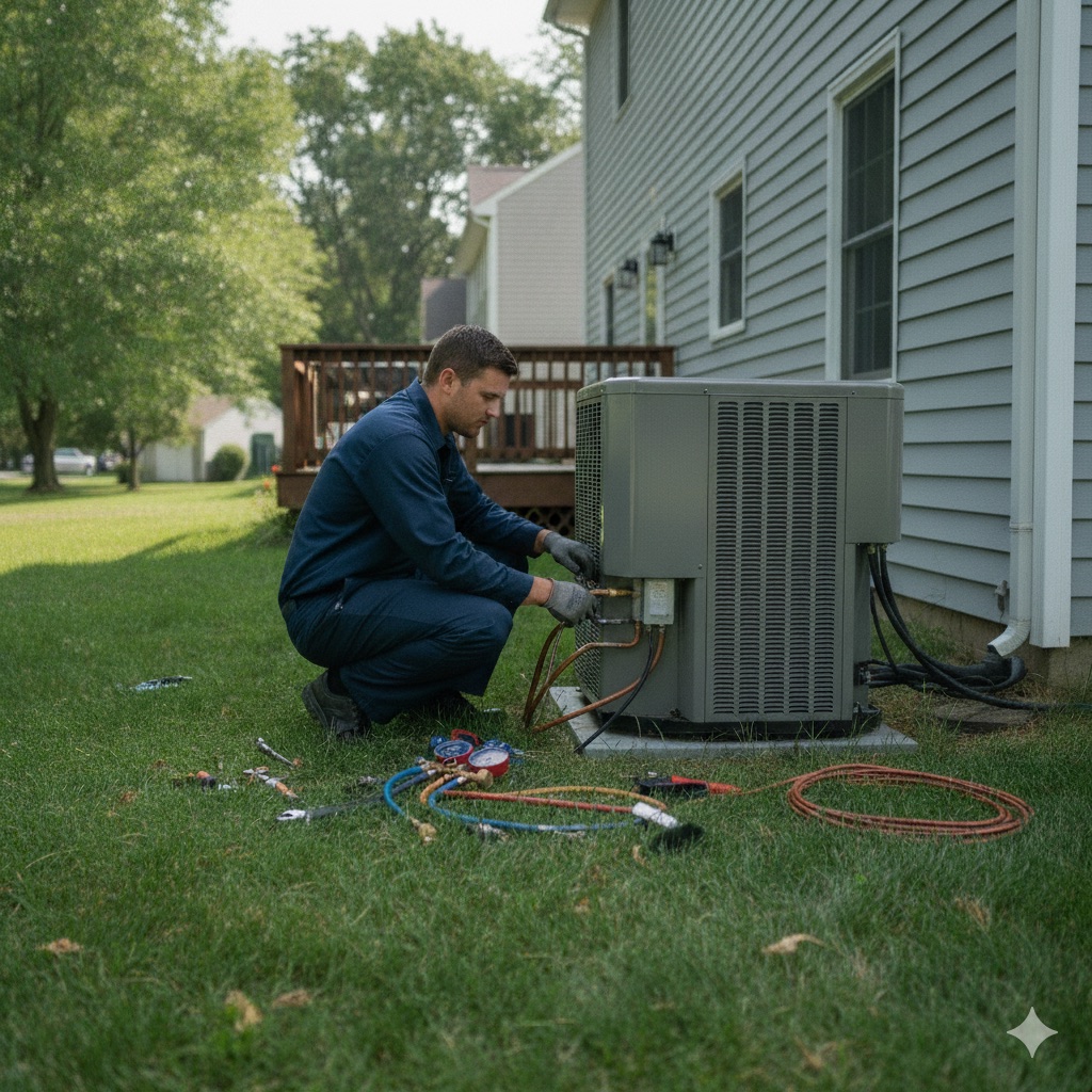 A Bel Air Systems technician installing an outdoor AC condenser beside a New Jersey home