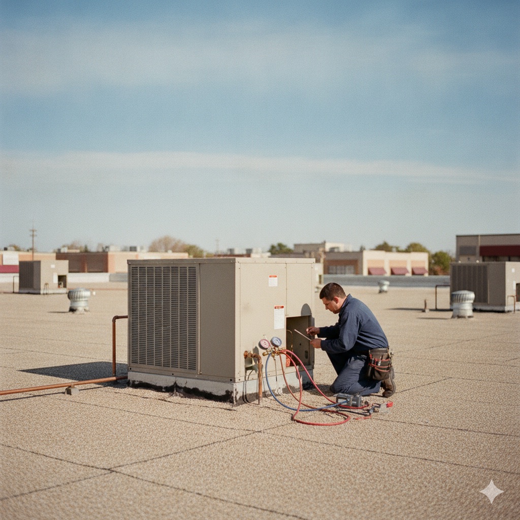 A rooftop packaged HVAC unit on a small New Jersey retail plaza with a technician inspecting it